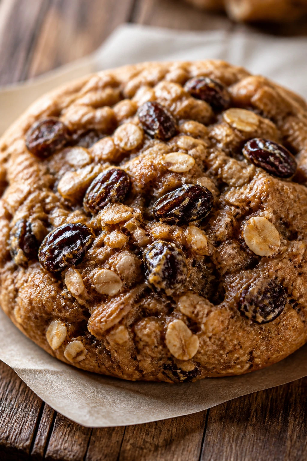 Close-up of a thick spiced oatmeal raisin cookie on parchment in a warm kitchen.