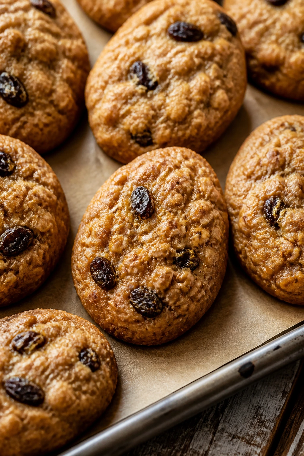 Close-up of egg-shaped oatmeal raisin cookies on parchment on a kitchen counter