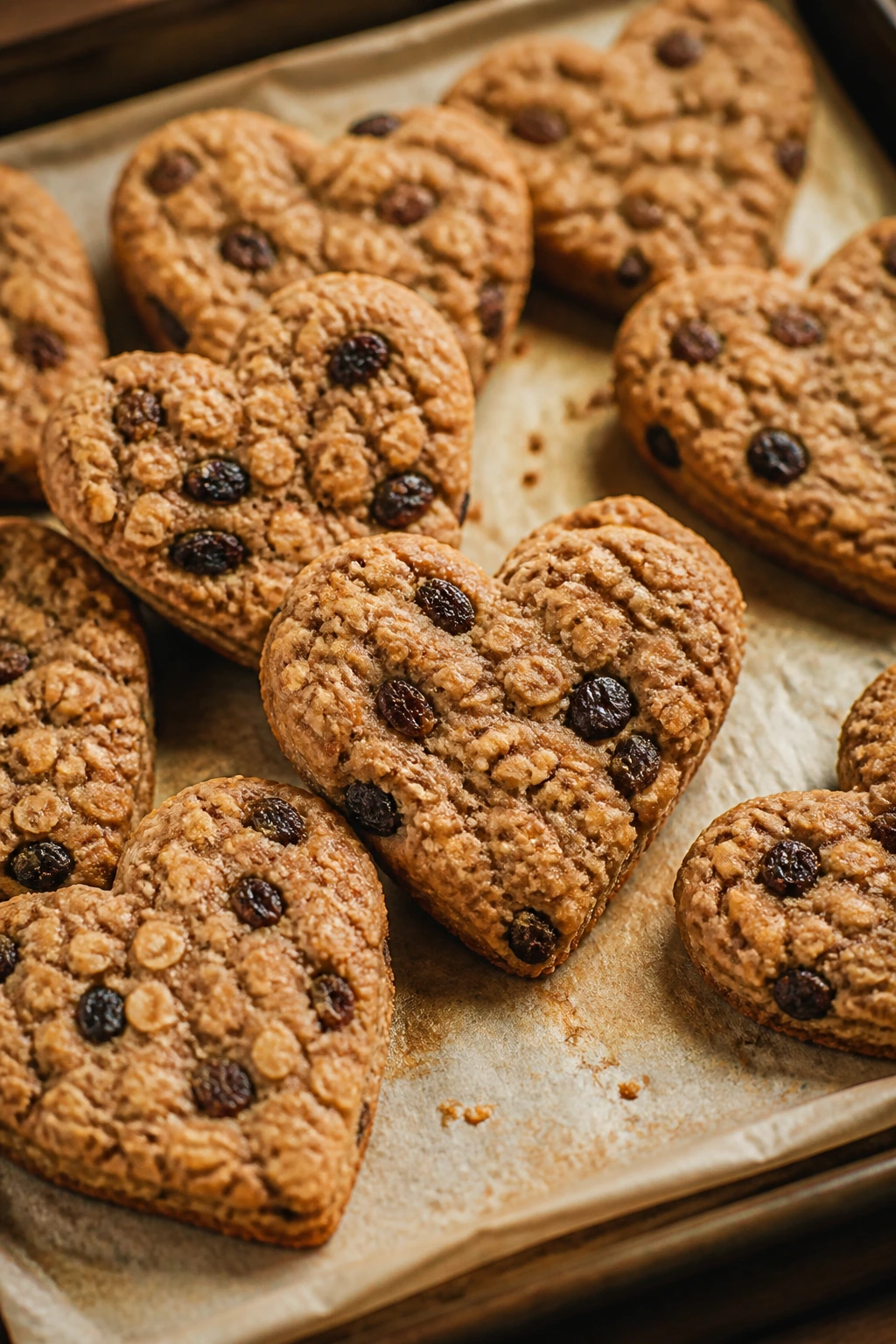 Heart-shaped oatmeal raisin cookies on parchment