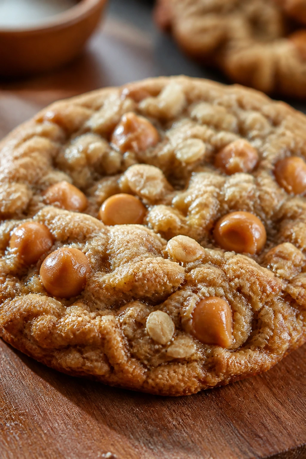 Buttery oatmeal cookie with butterscotch chips on wooden board