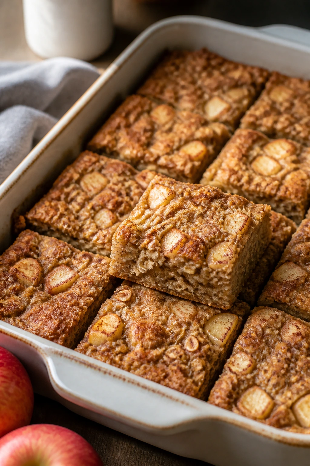 Close-up of apple cinnamon baked oatmeal squares in a baking dish