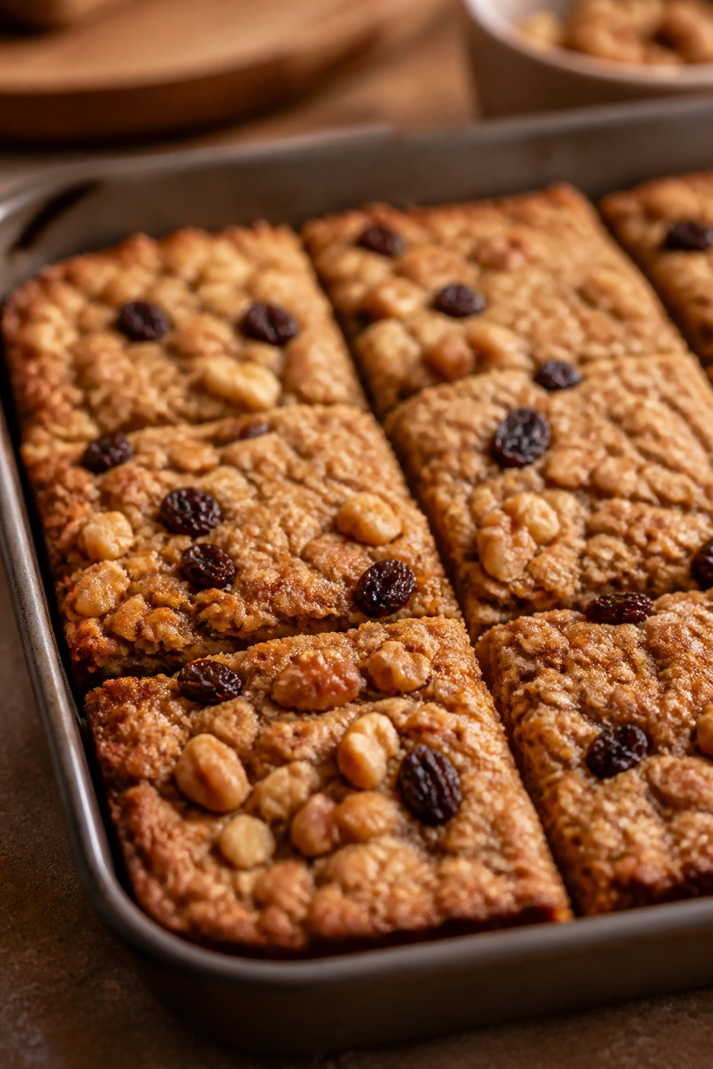 Pan of baked oatmeal squares with raisins and walnuts on a warm kitchen counter