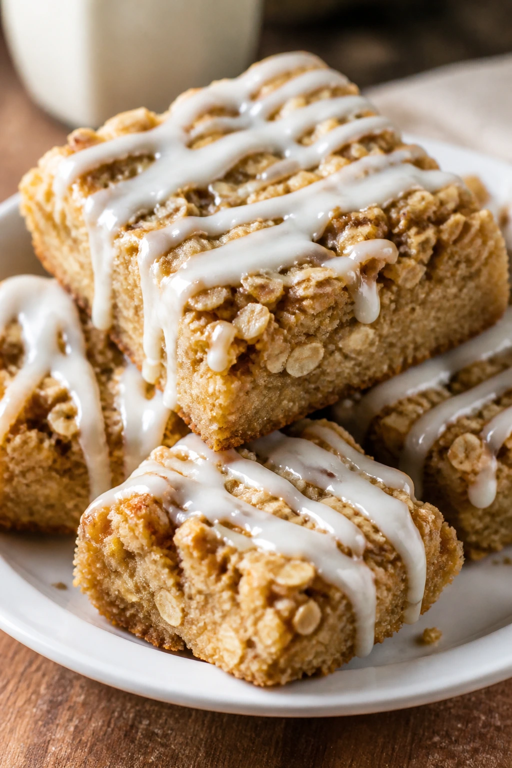 Close-up of baked oatmeal squares with yogurt drizzle