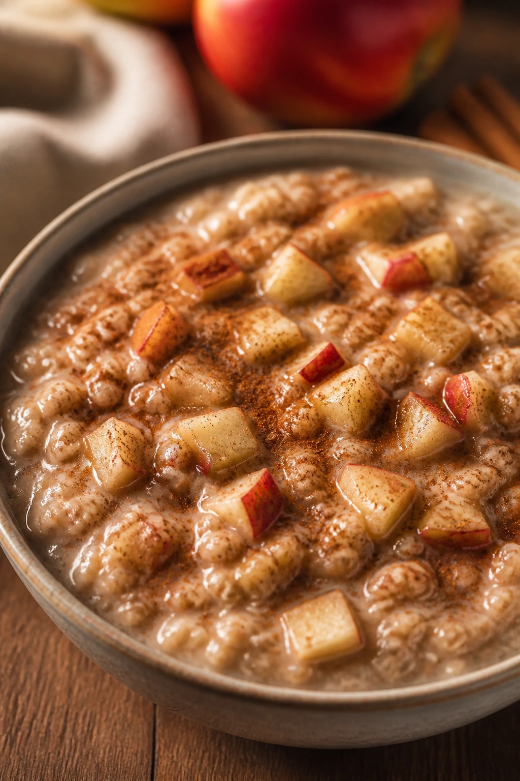 Close-up of apple cinnamon steel-cut oatmeal with apple chunks in a bowl on a wooden counter
