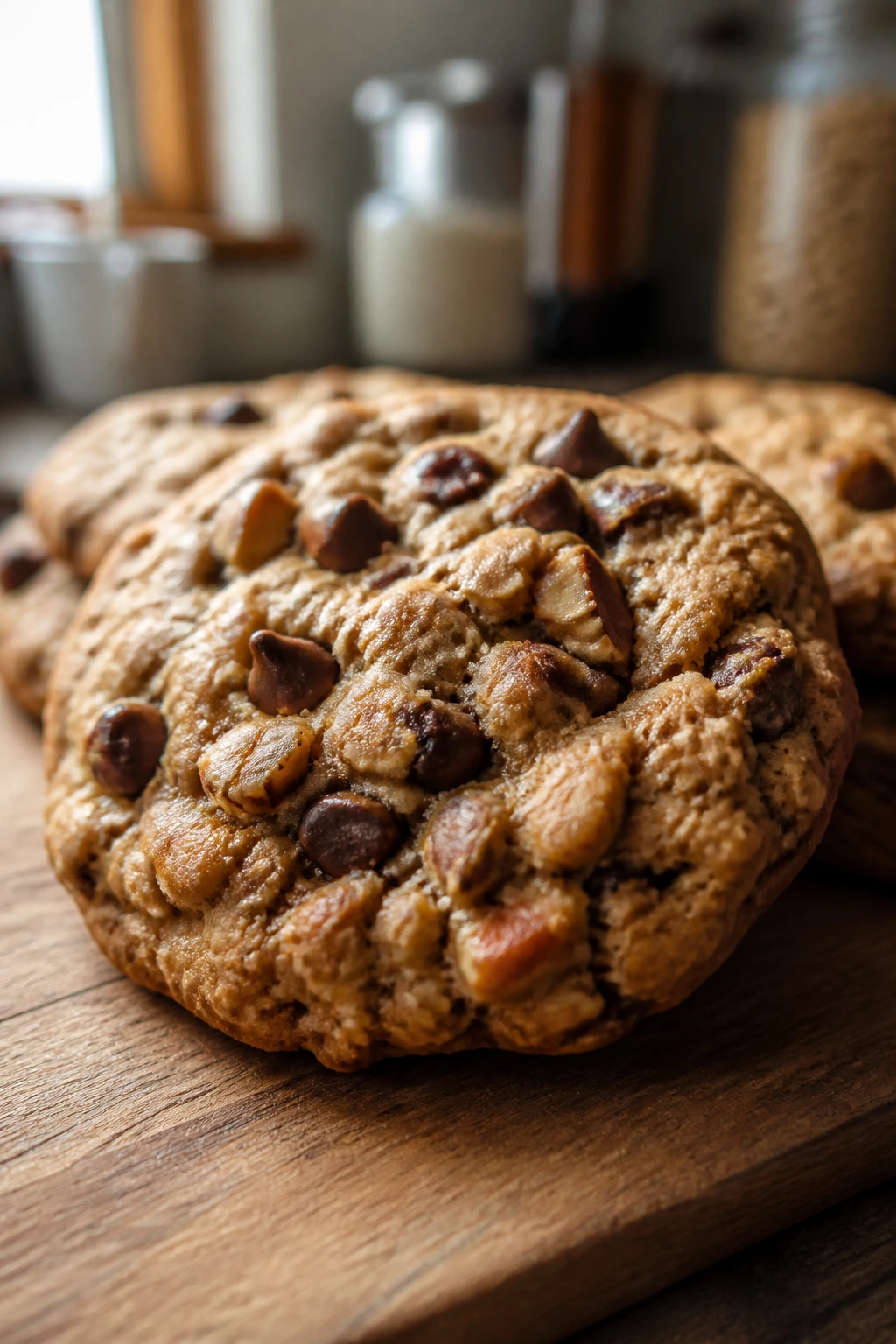 Close-up of a chunky Cowboy Cookie on a rustic board in a cozy kitchen