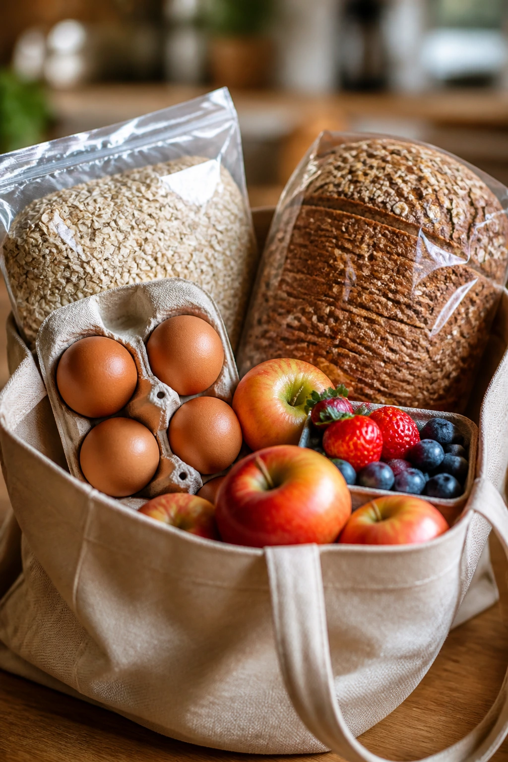 Tote filled with oats, eggs, bread, and fruit on a kitchen counter
