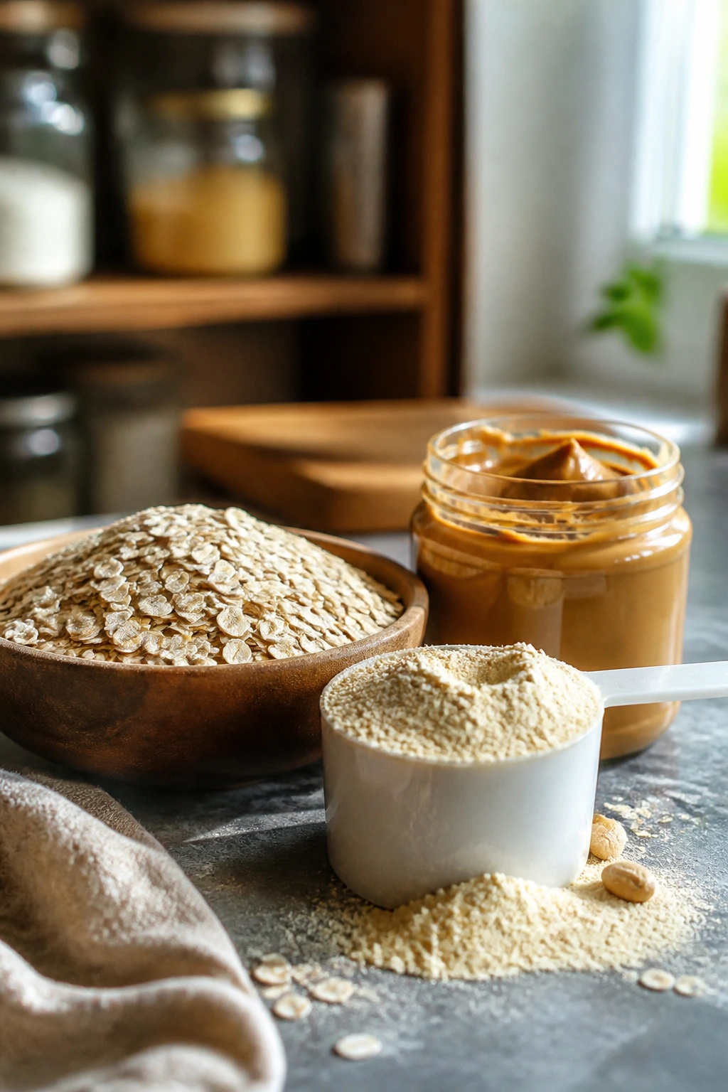 Close-up of oats, protein powder, and peanut butter on kitchen counter