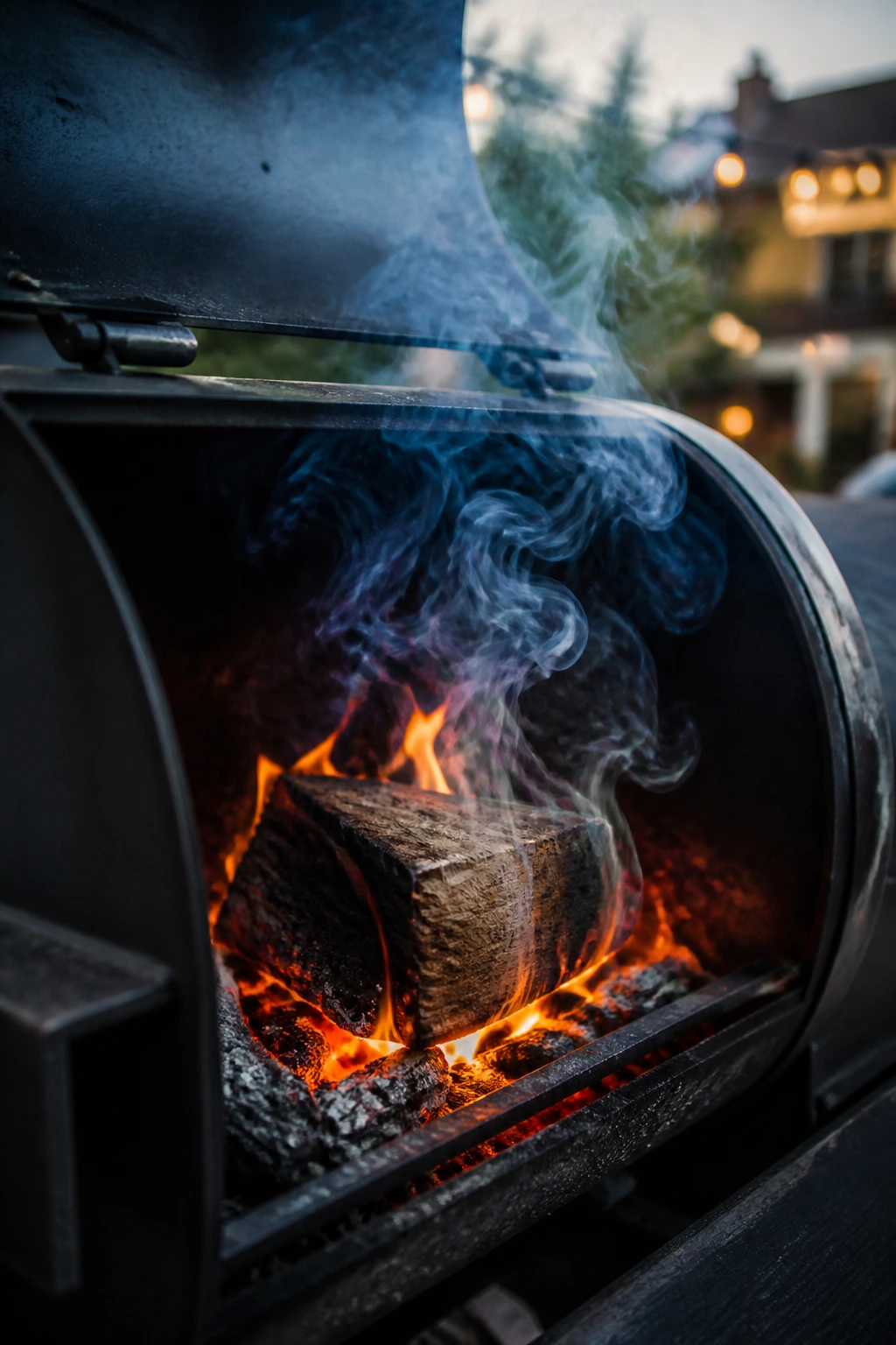 Close-up of a clean, controlled fire in an offset smoker with blue smoke.