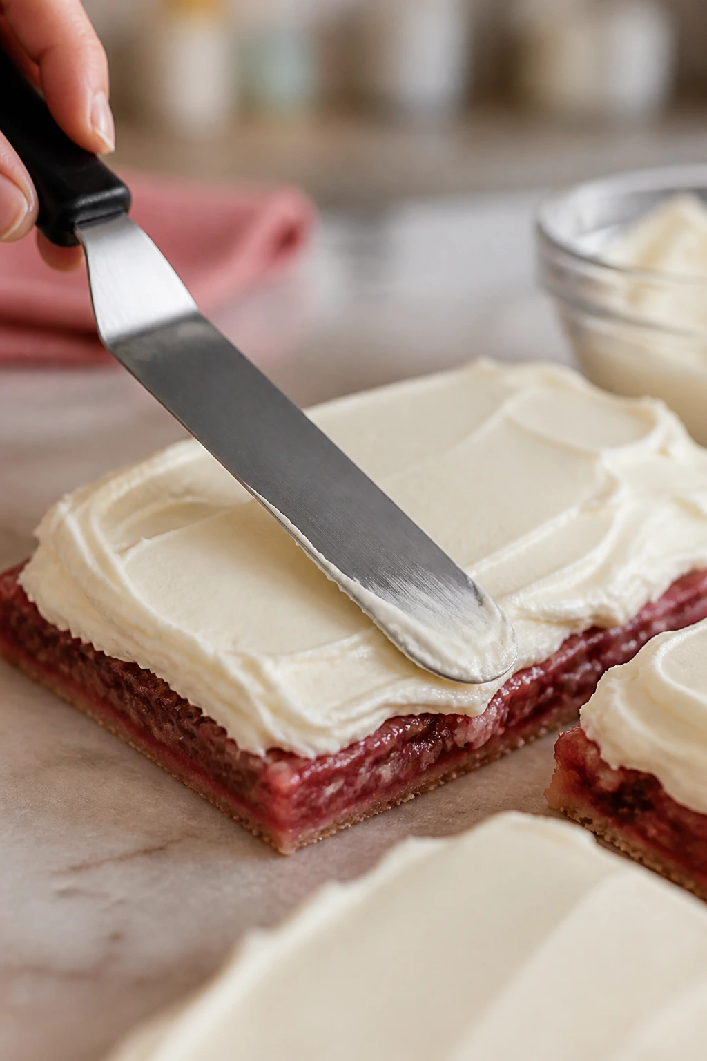 Offset spatula smoothing frosting on bars in a kitchen