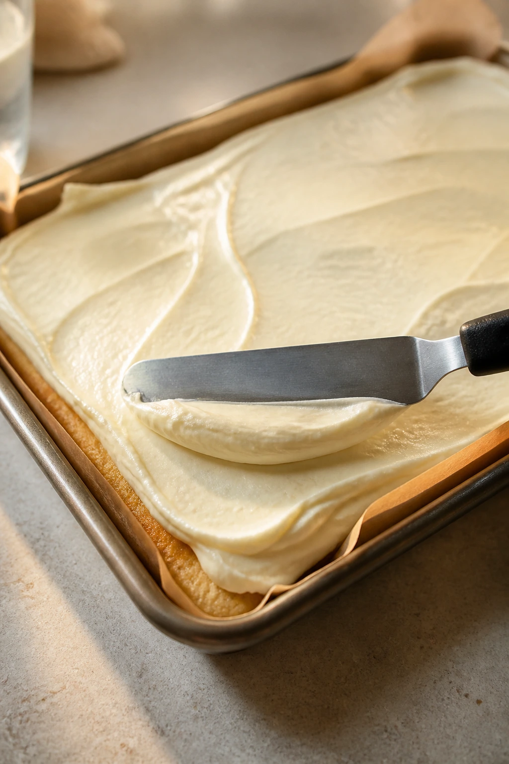 Close-up of an offset spatula smoothing frosting on a pan with parchment edges visible.