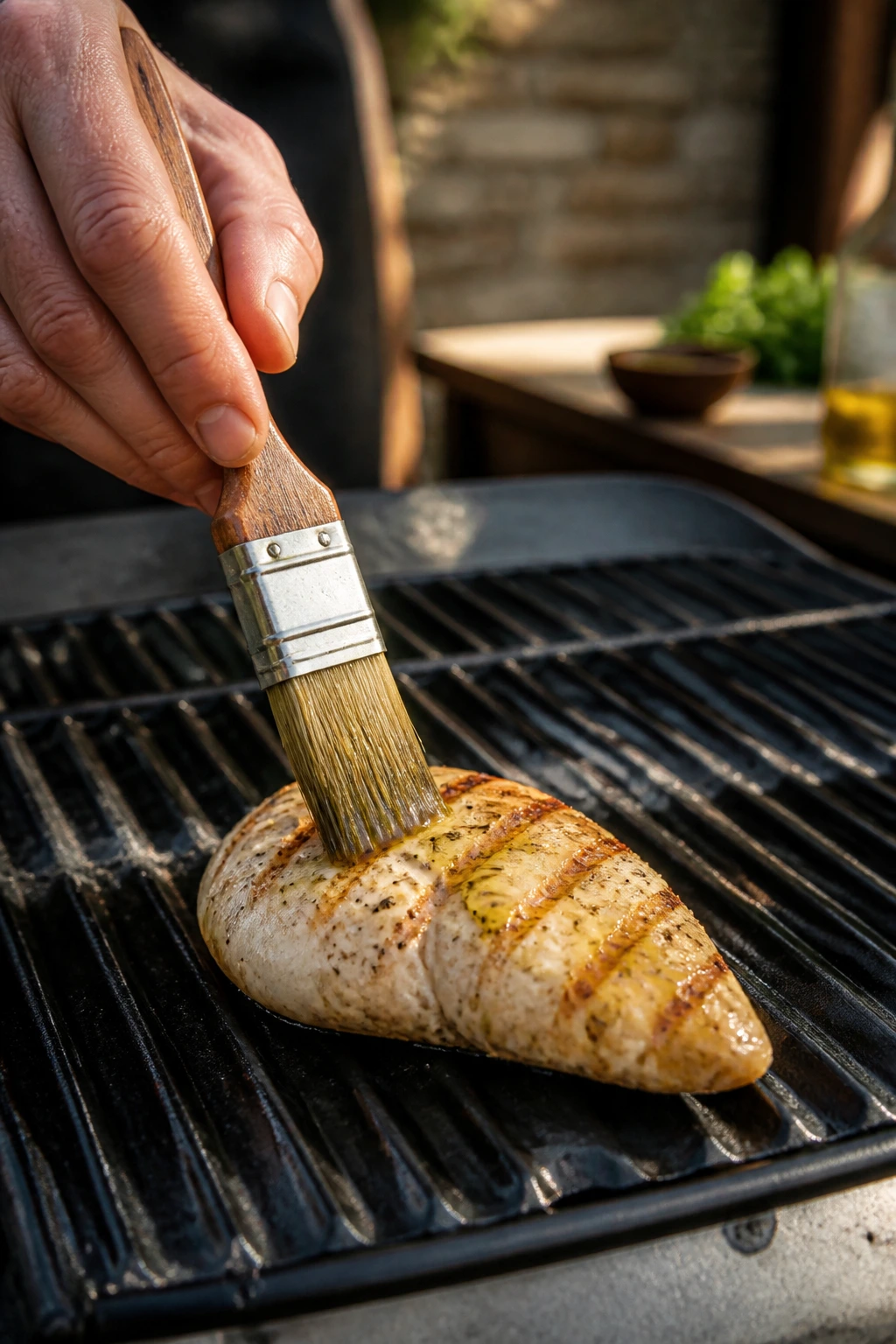 Close-up of oil being brushed onto a chicken breast on a grill