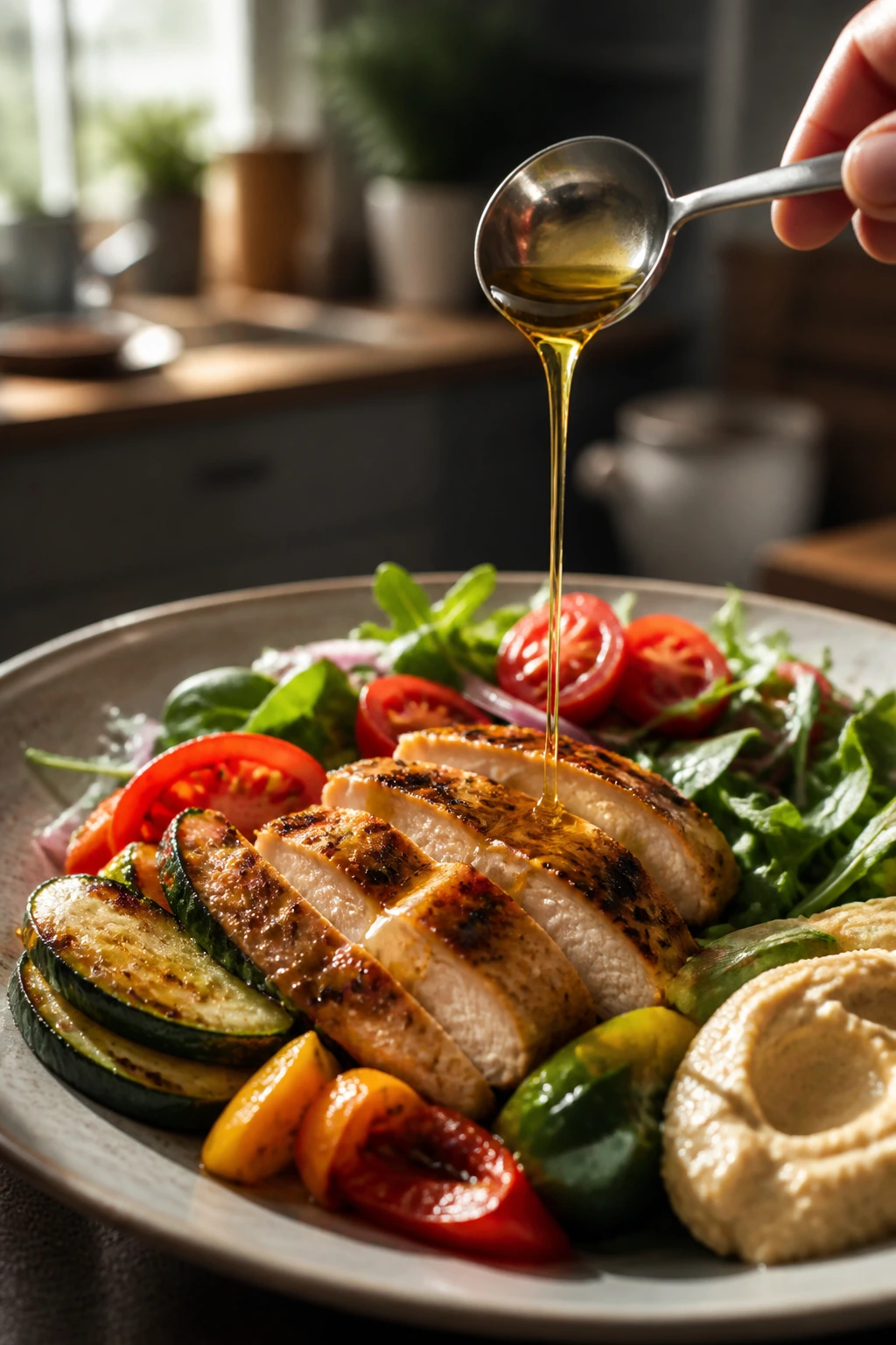 Close-up of a plate with oil pouring from a measuring spoon to show oil-calorie mistakes in a healthy meal