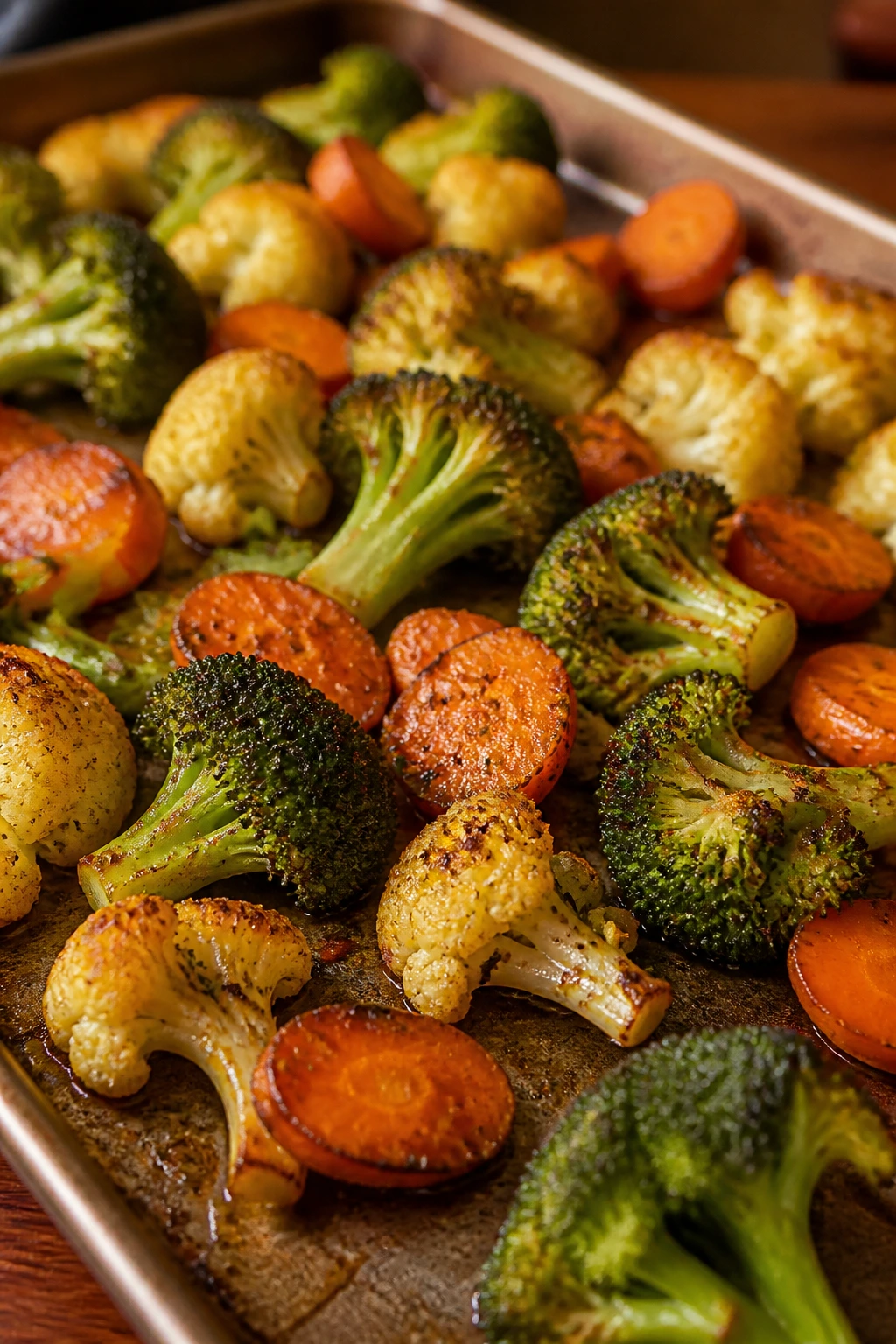 Bronzed roasted vegetables with visible oil coating on a sheet pan