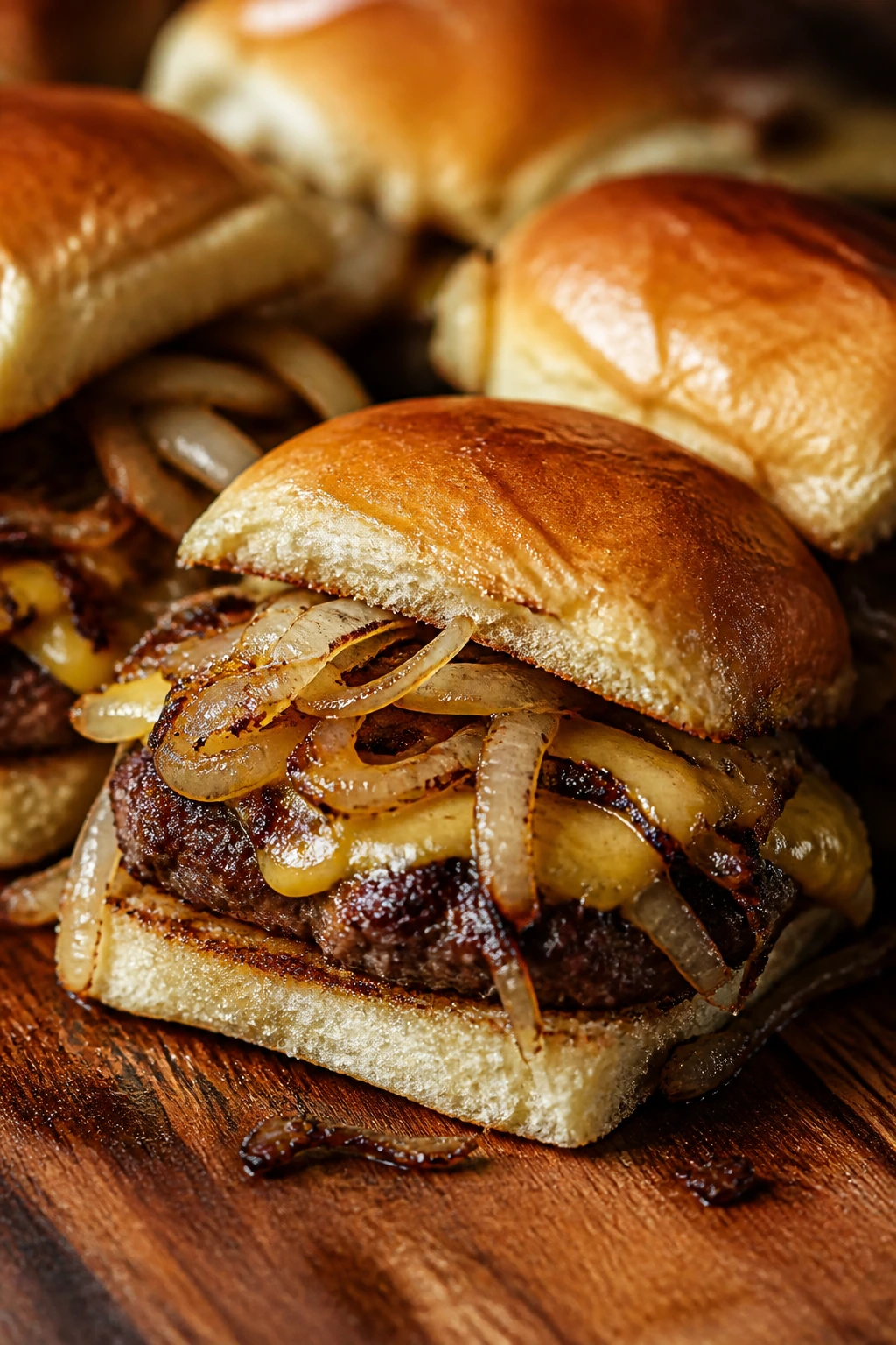 Close-up of Oklahoma Onion Sliders with caramelized onions and melted cheese on a rustic board