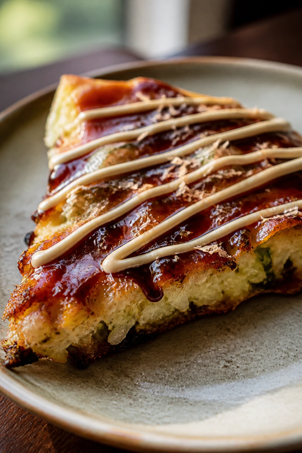 Crisp-edged okonomiyaki pancake wedge with glossy sauce on a plate