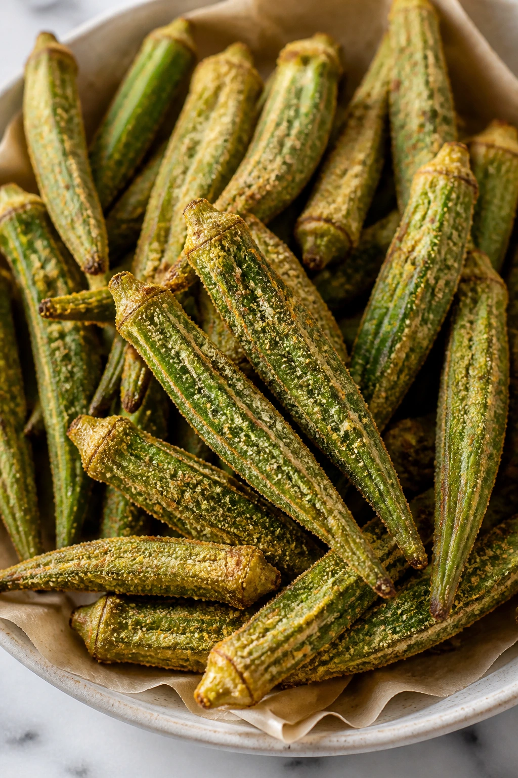 Crispy cornmeal-coated okra on a plate