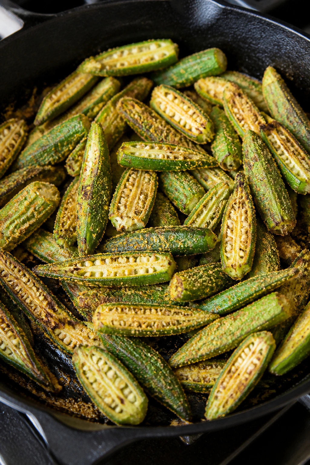 Okra coated in cornmeal with crisp edges in a skillet