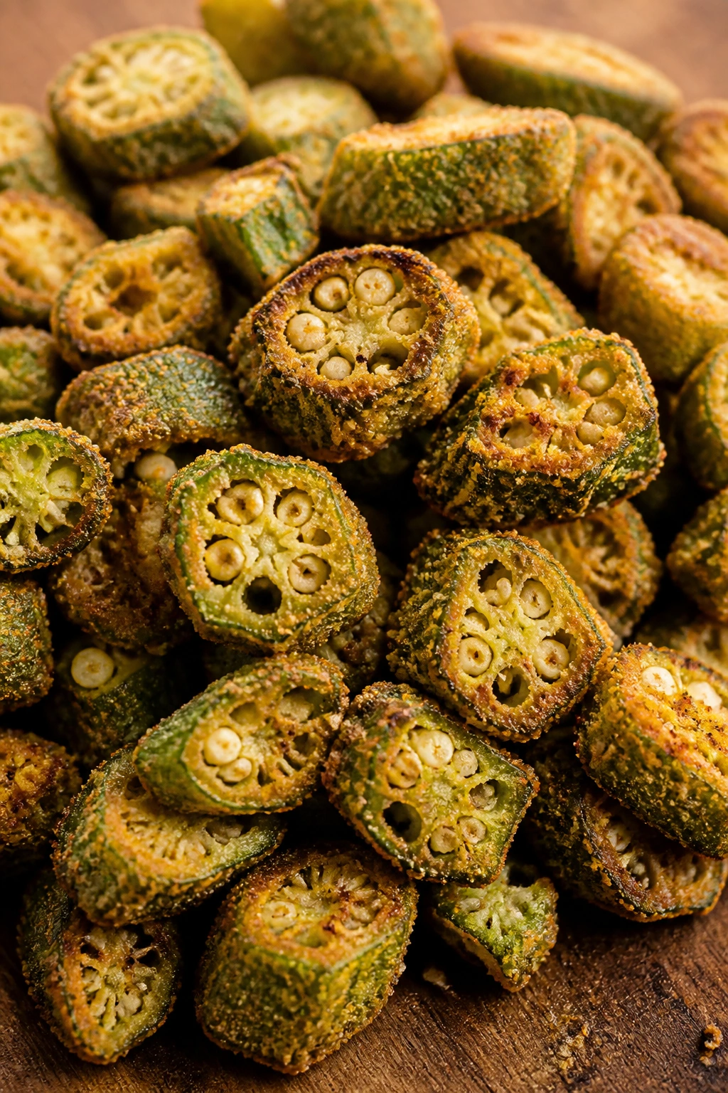 Crisp cornmeal-coated okra on a wooden board