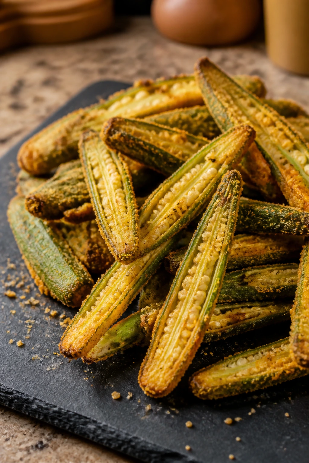 Close-up of crisp cornmeal-coated okra on slate board