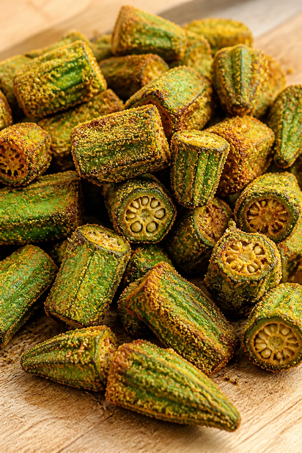 Golden crispy cornmeal coated okra on wooden board in kitchen
