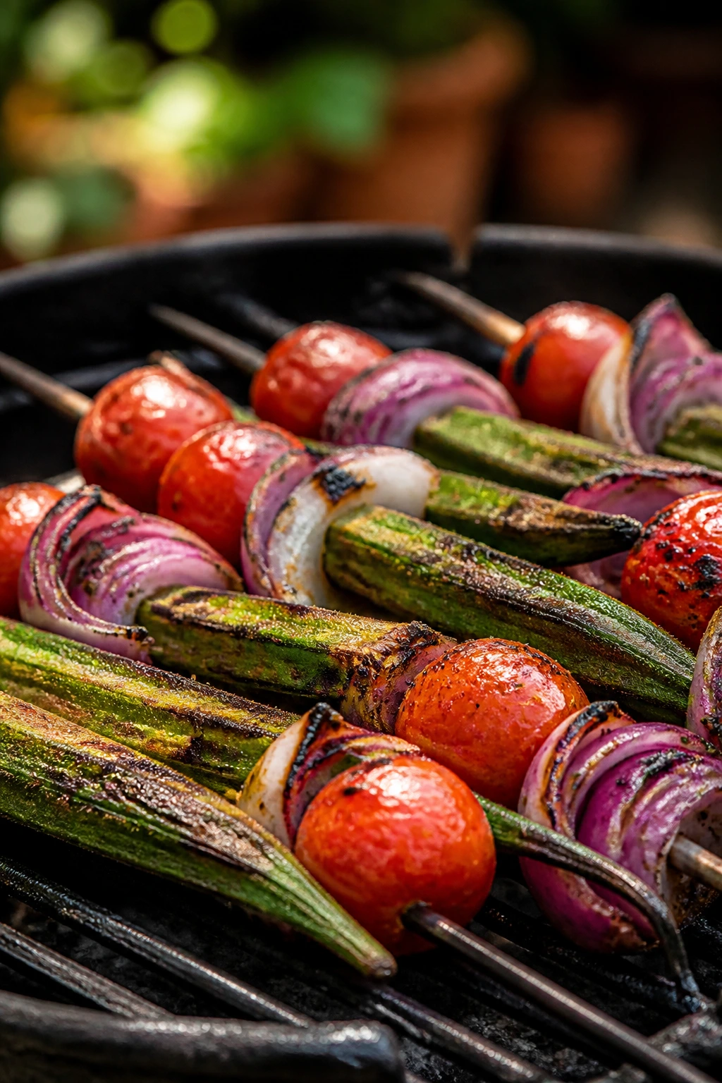 Close-up smoky tomato okra onion skewers on grill