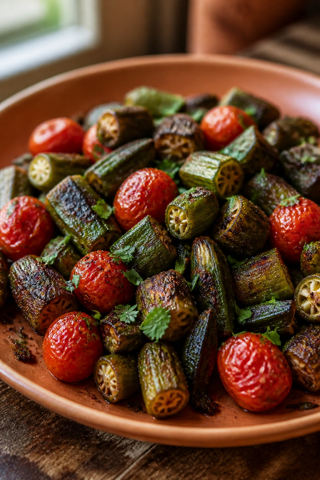 Close-up of blackened okra and tomatoes on a plate with parsley garnish