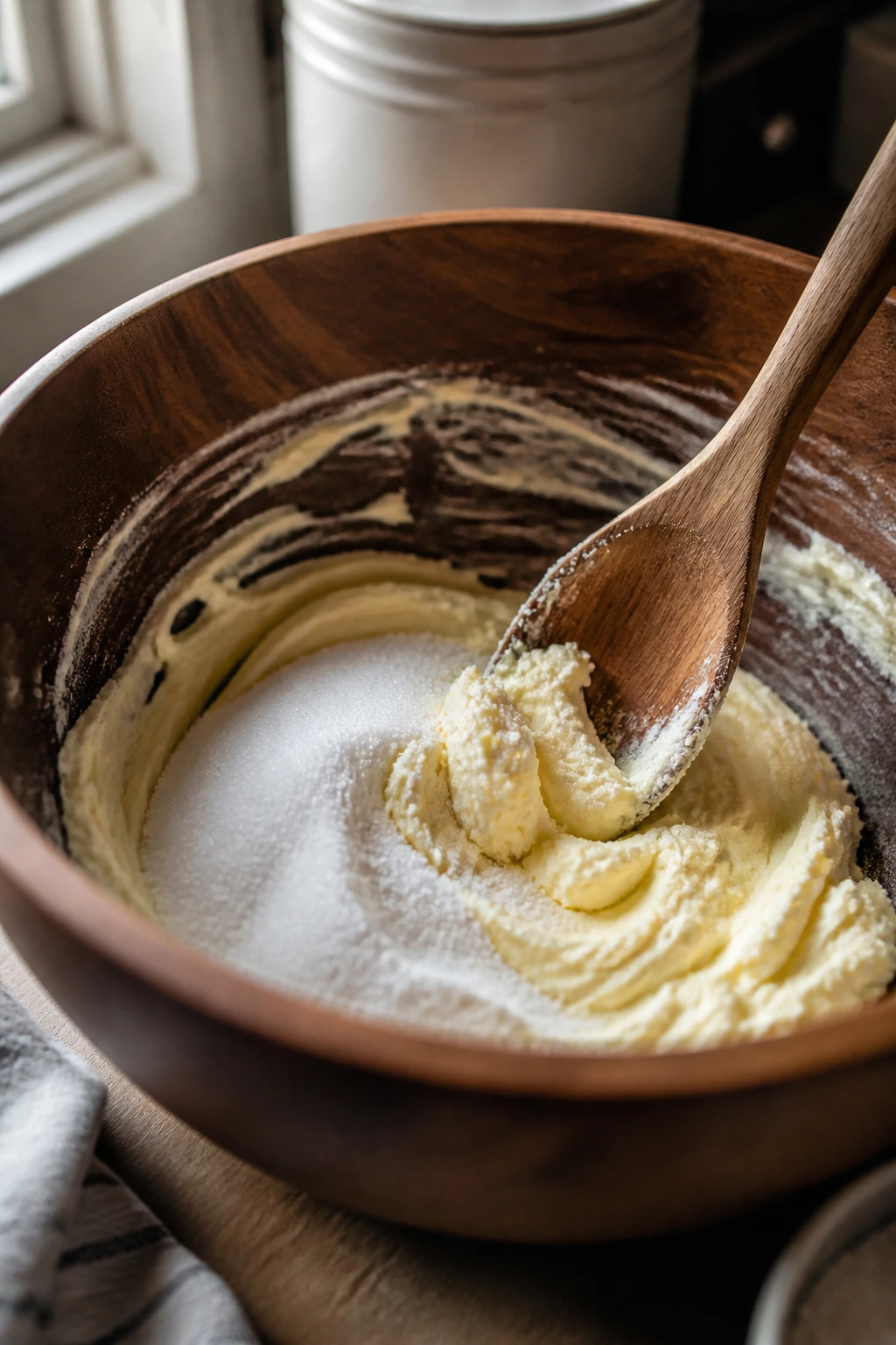 Creaming butter and sugar in a wooden bowl during home baking