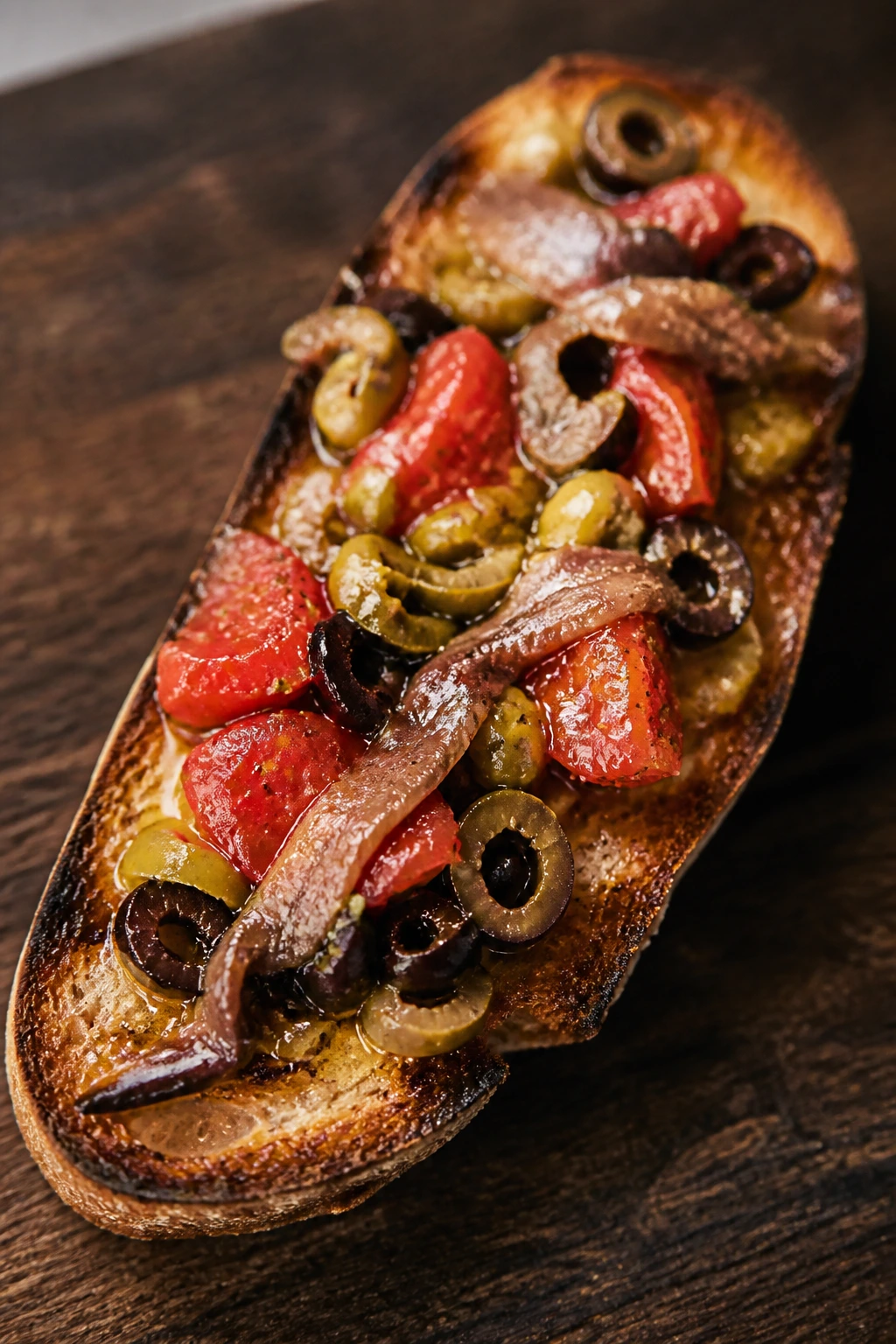 Toast with olives, anchovies, and tomato on a wooden board