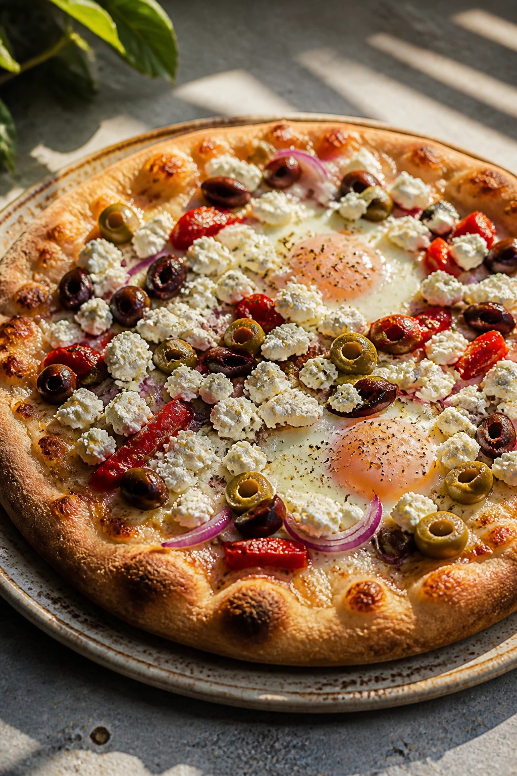 Close-up of Mediterranean Olive and Feta Breakfast Pizza with olives and feta
