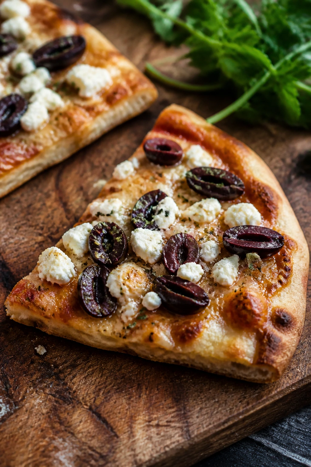 Naan slice topped with olives and feta on a wooden board