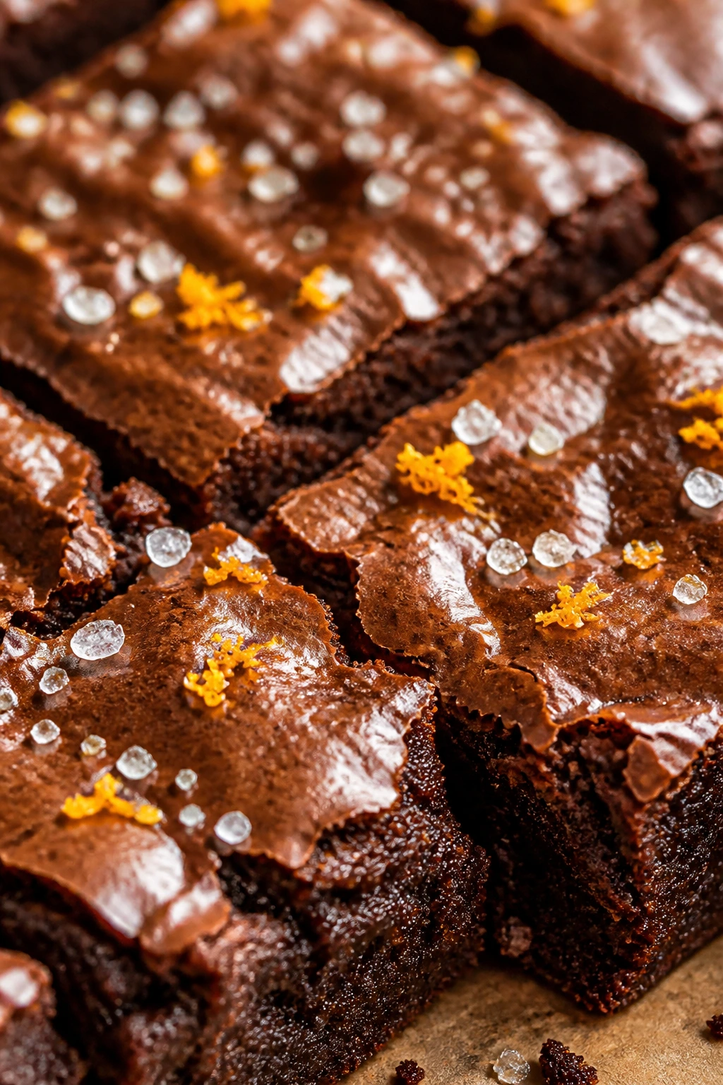 Close-up of olive oil brownies with sea salt on top in a warm kitchen