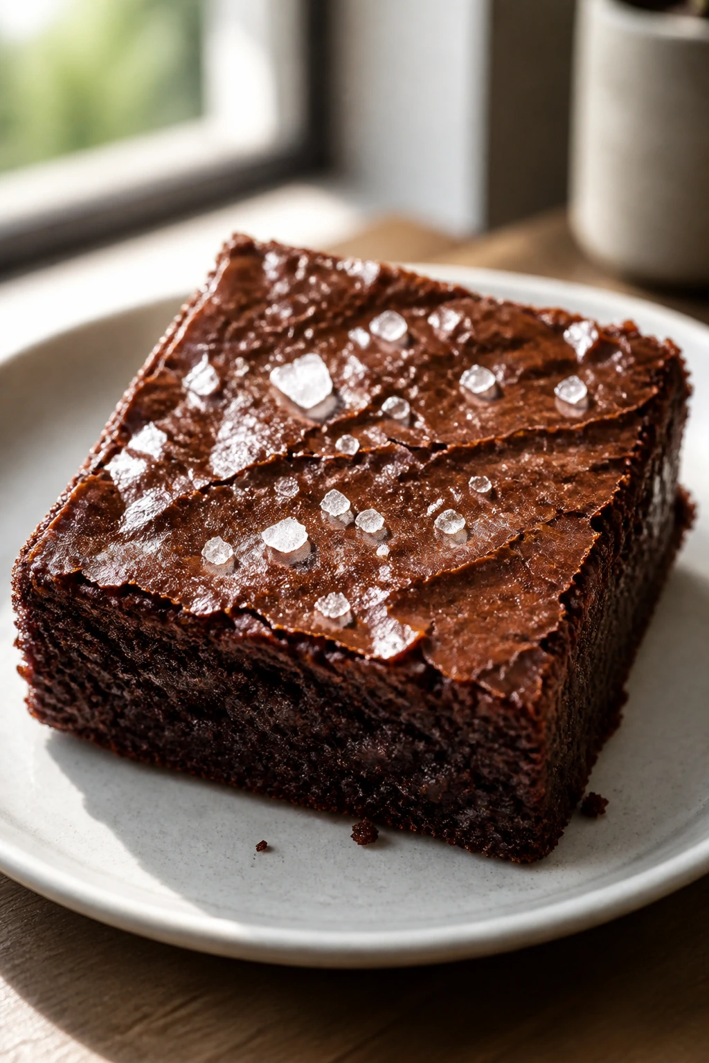 Close-up of olive oil brownies with flaky sea salt on top.