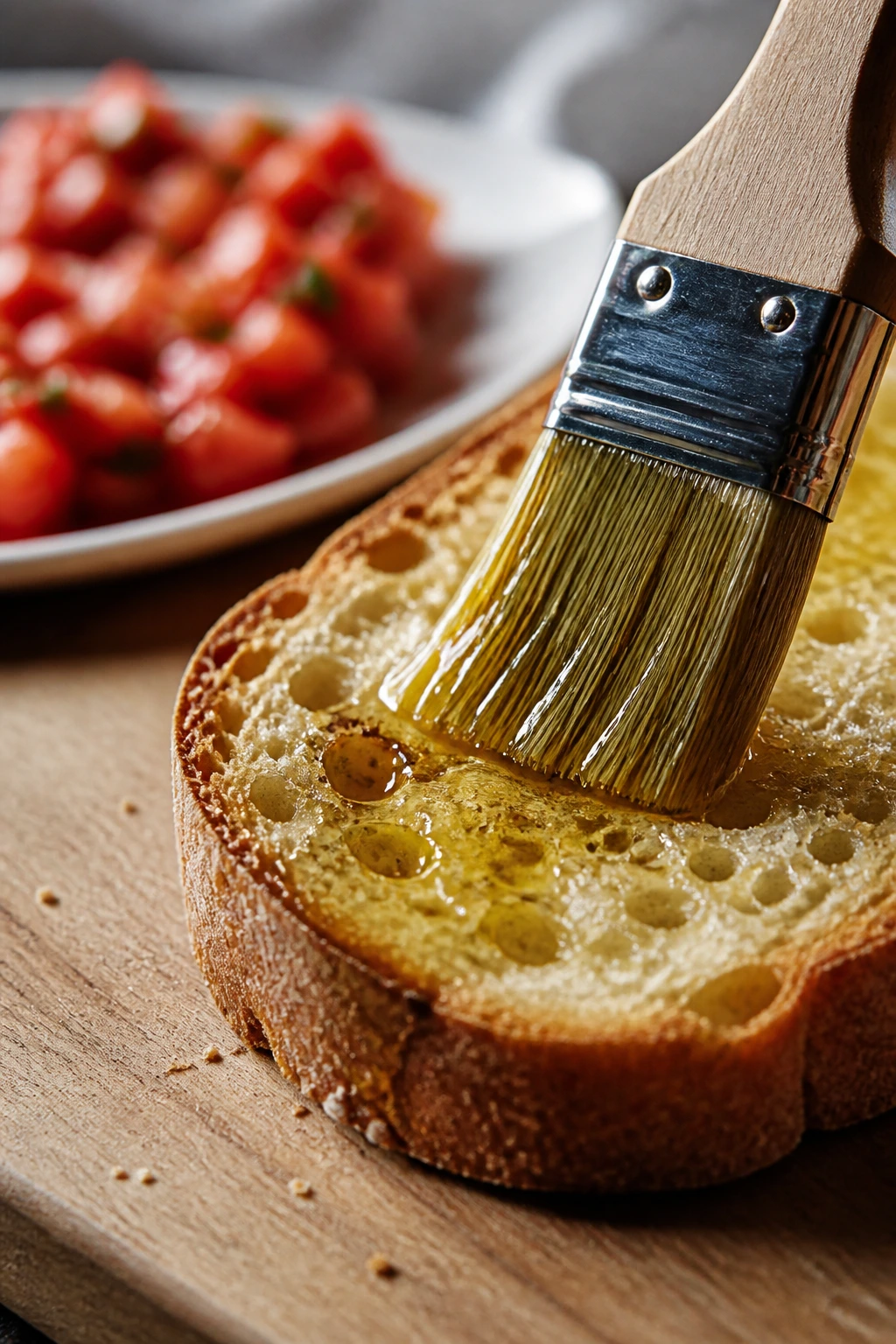 Pastry brush applying olive oil to a toasted bruschetta