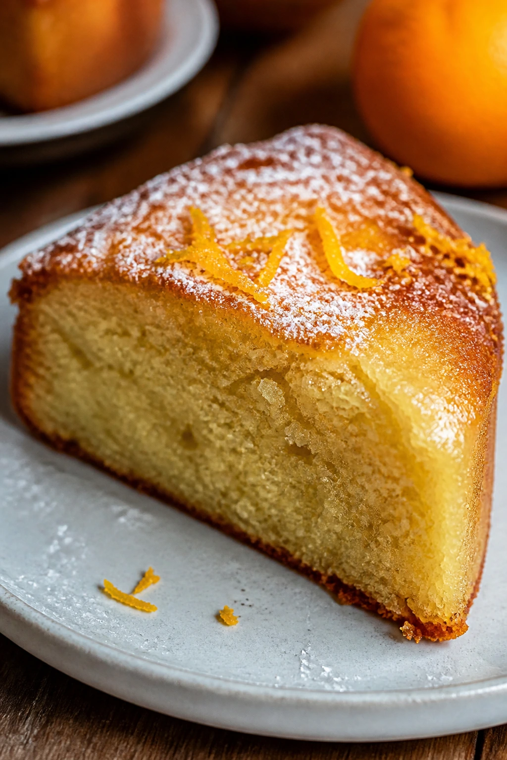 Moist olive oil cake slice with sugar dusting on plate
