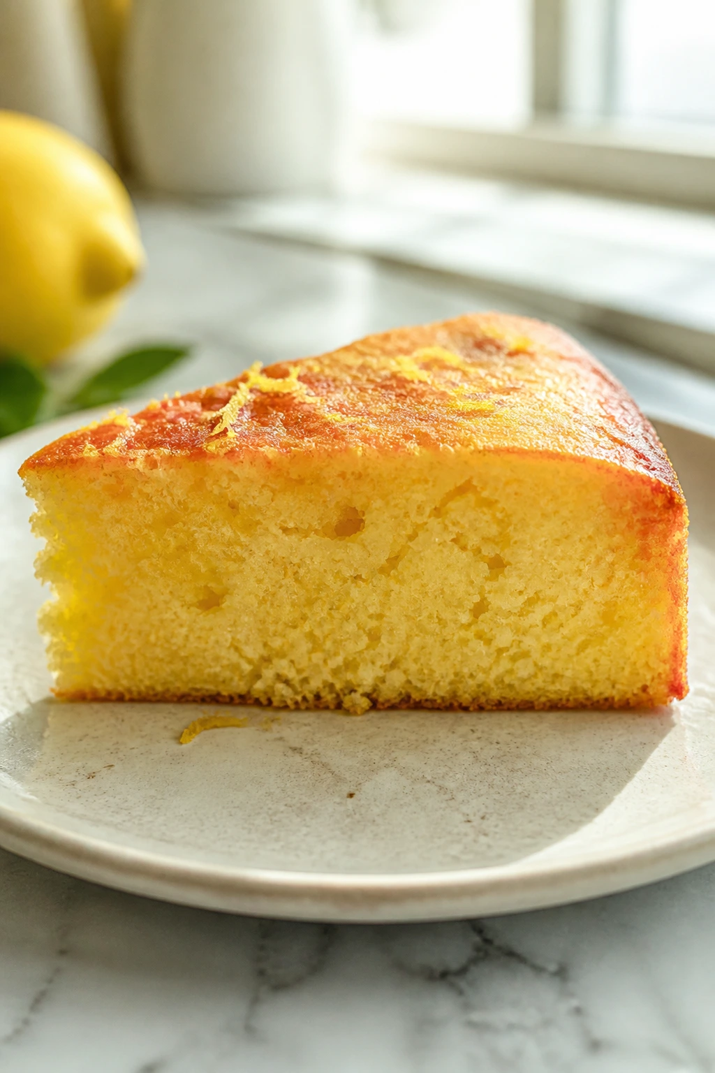 Close-up of olive oil lemon cake slice on a plate with lemon zest