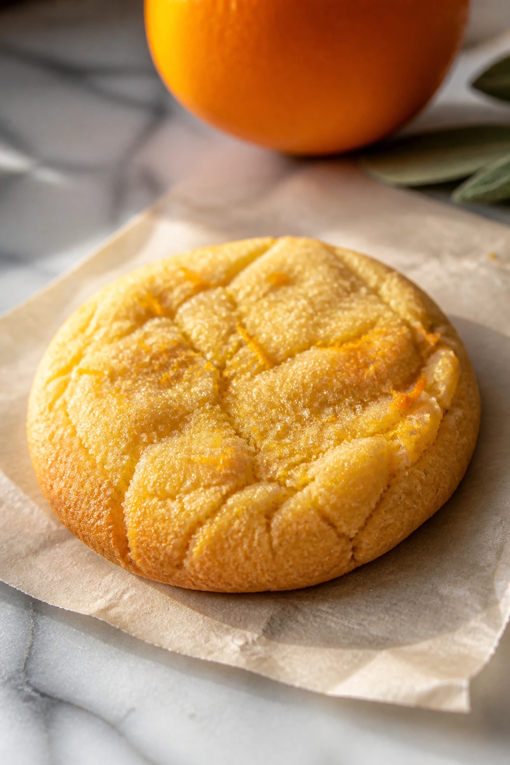 Close-up of an orange zest olive oil cookie on parchment, highlighting bright zest and tender crumb.