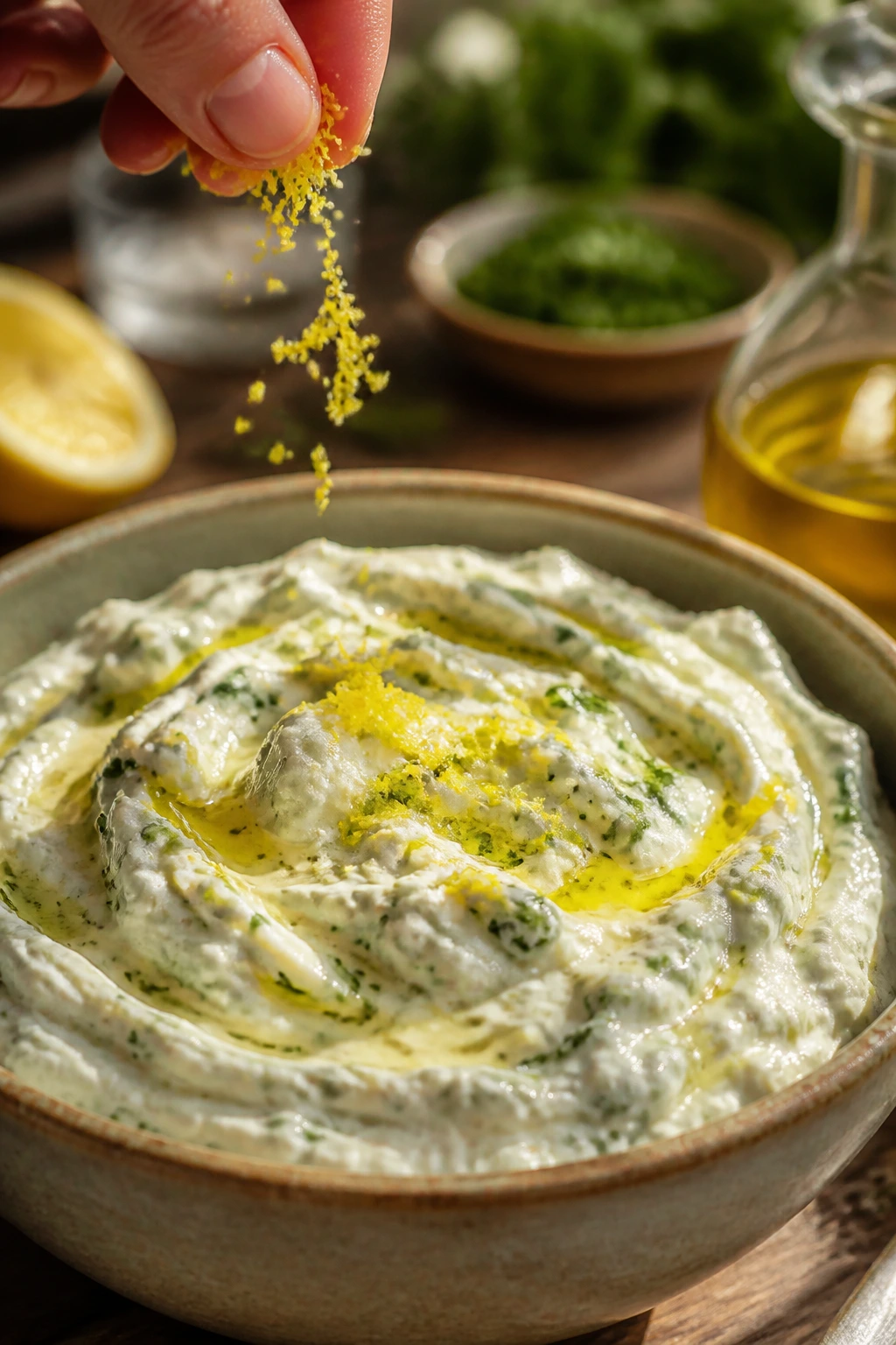 Close-up of herb ricotta dip with olive oil drizzle and lemon zest