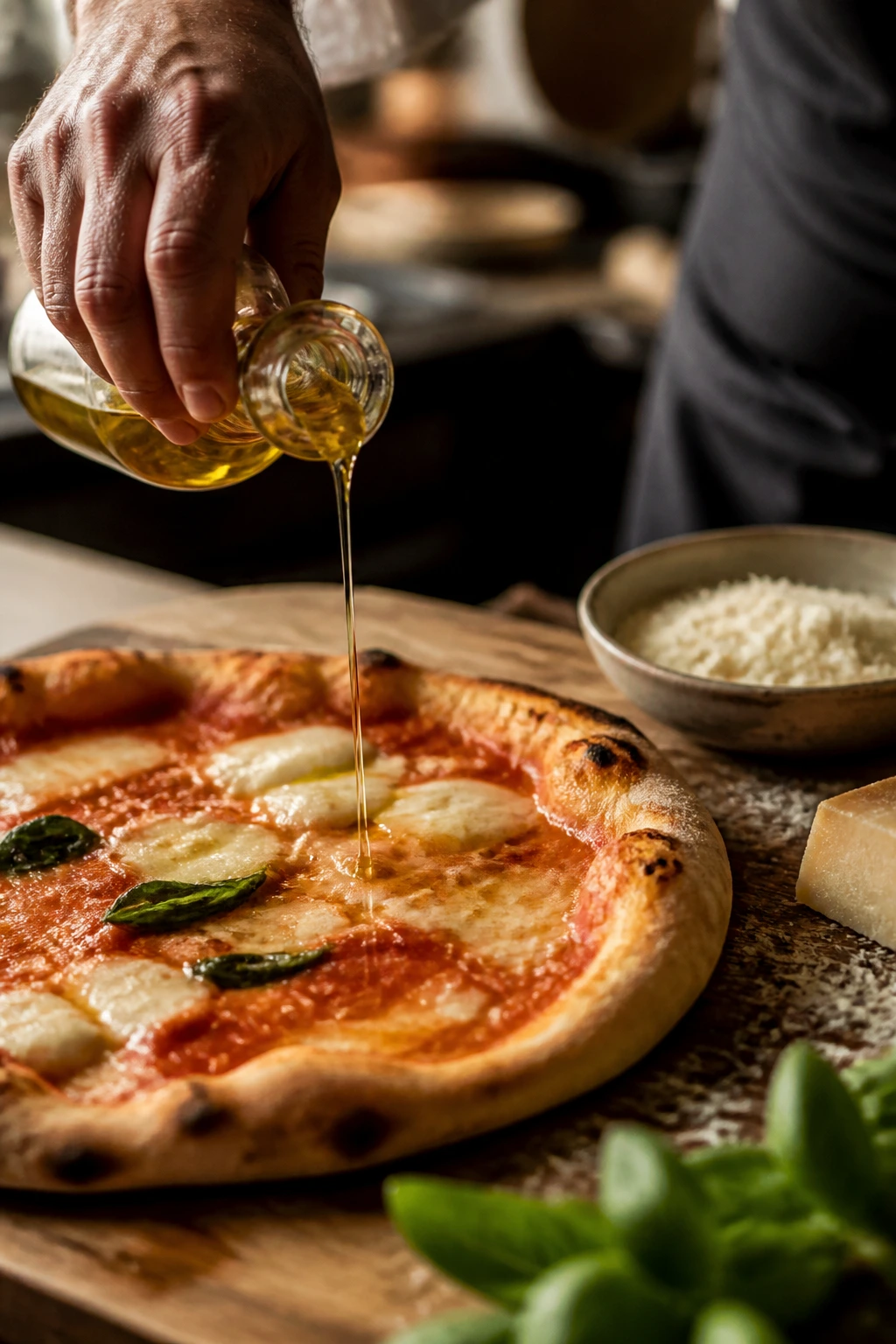 Chef drizzling olive oil on tomato pizza in a warm kitchen