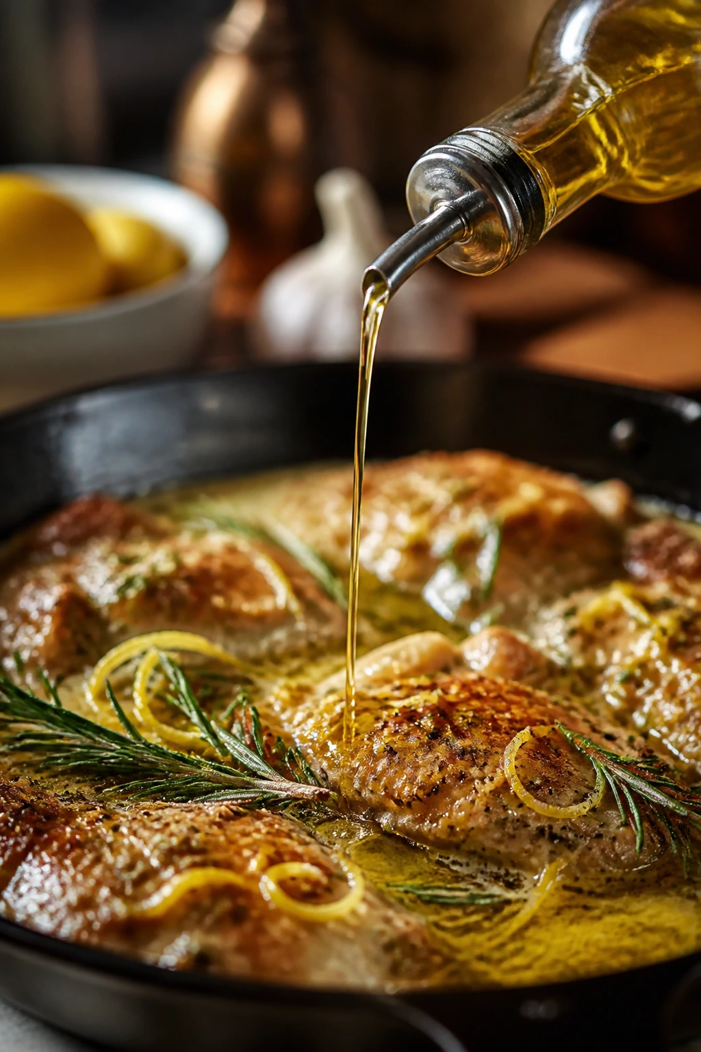 Olive oil finishing drizzle over glossy sauce.