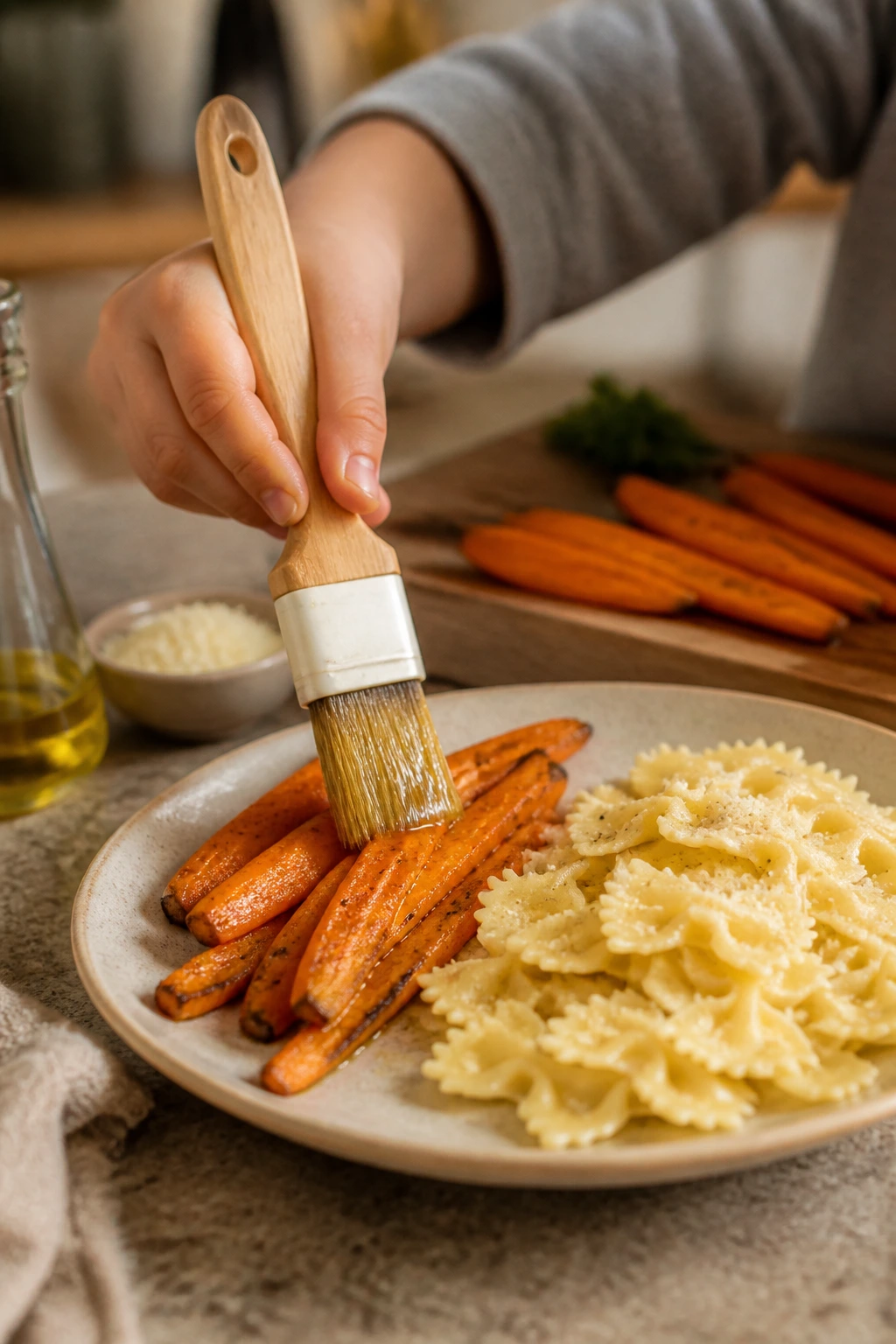 Hand applying olive oil and parmesan to a kid-friendly plate in a warm kitchen