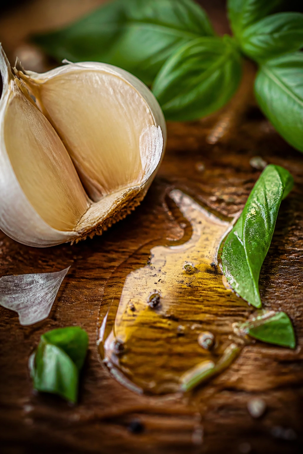 Garlic, olive oil, and basil close-up on wood
