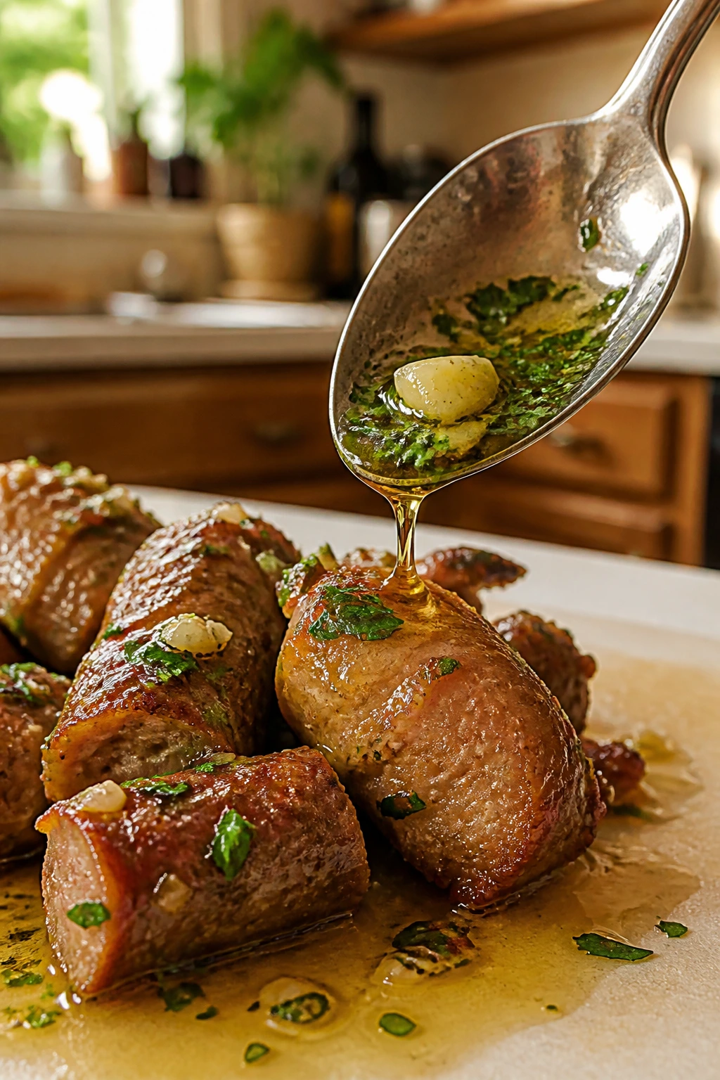Garlic-infused olive oil ready to finish the sausage