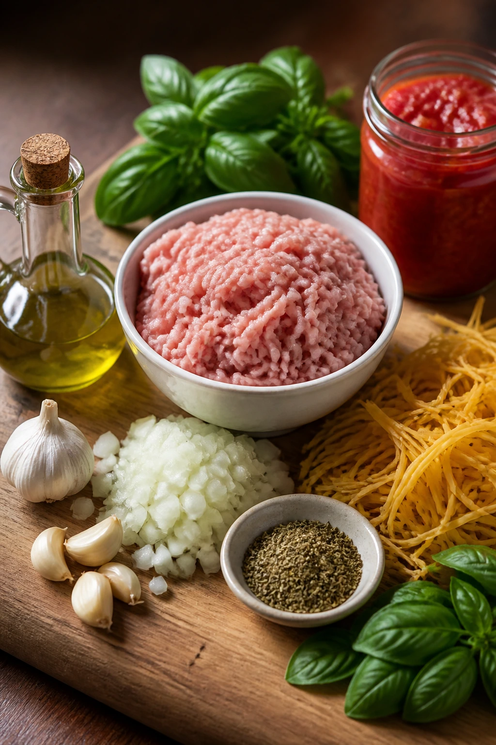 Raw key ingredients for turkey pasta laid out on a board