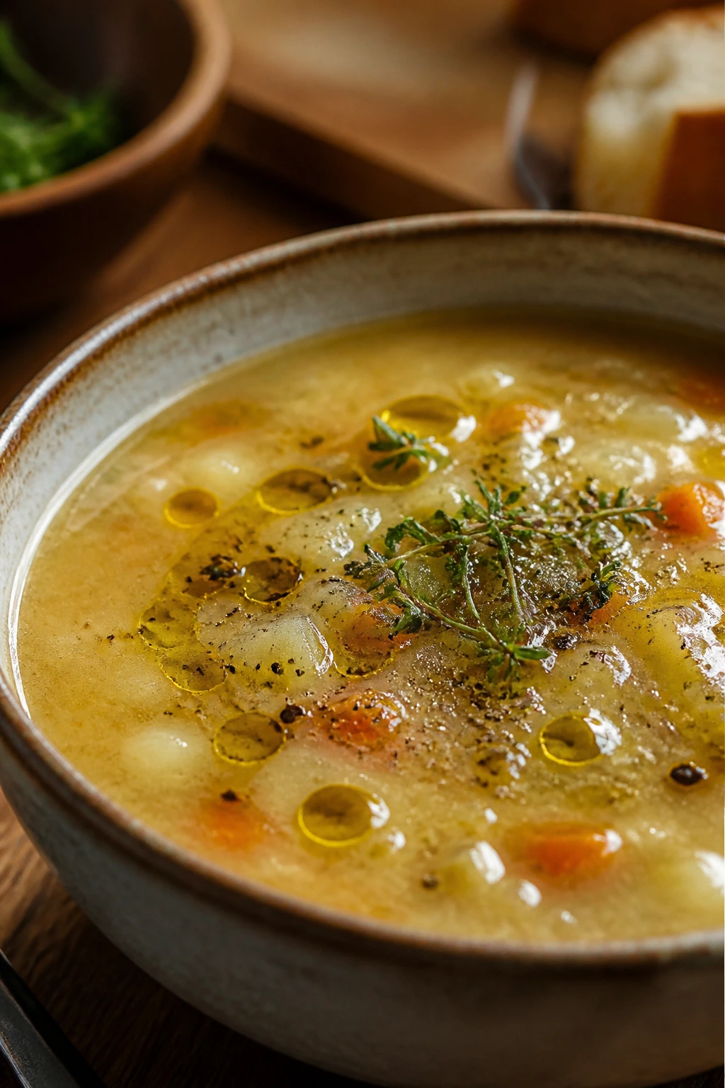 Steaming soup bowl with olive oil drizzle and herbs ready to serve.