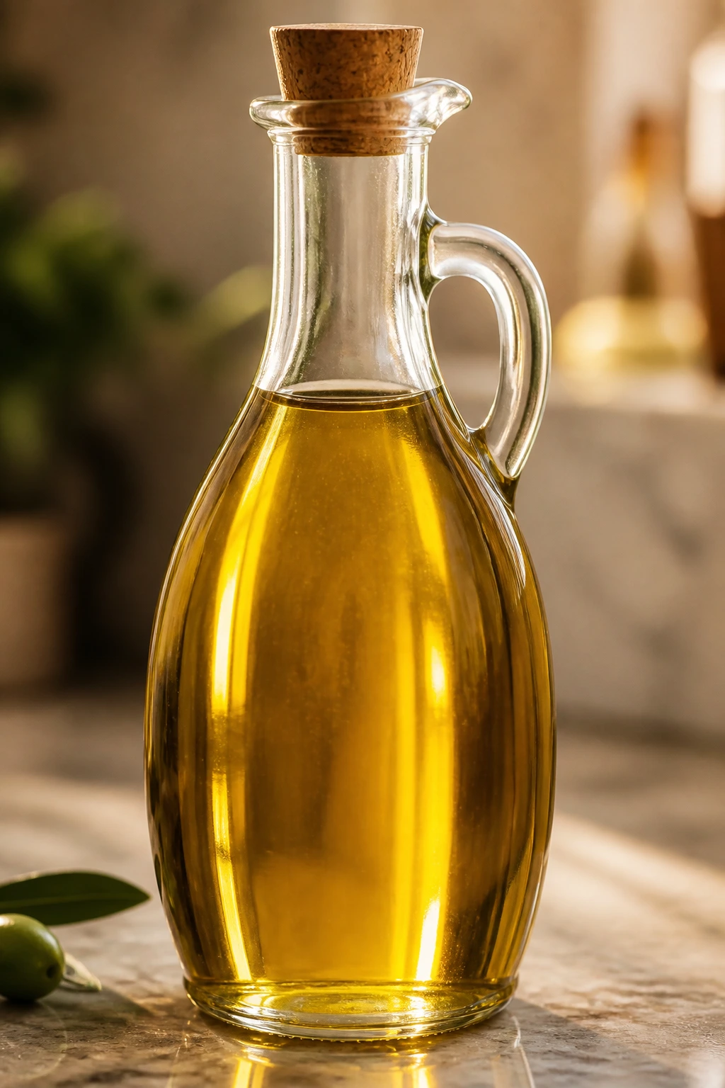 Olive oil bottle on kitchen counter