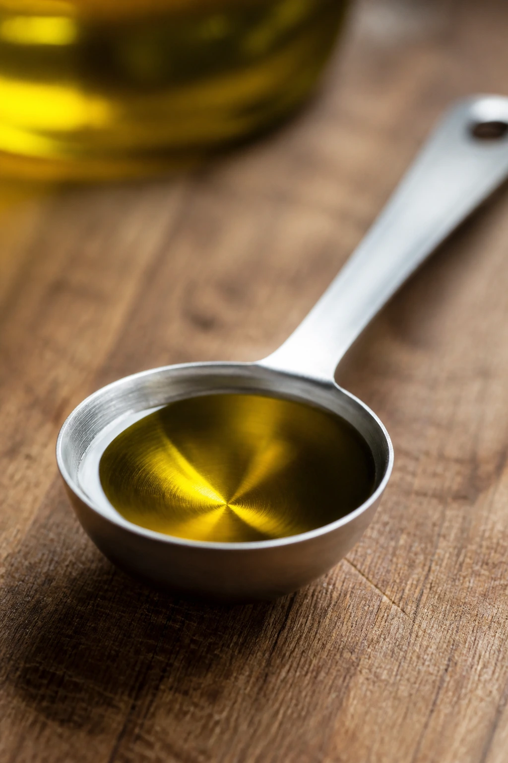 Measuring spoon with olive oil illustrating measured fat