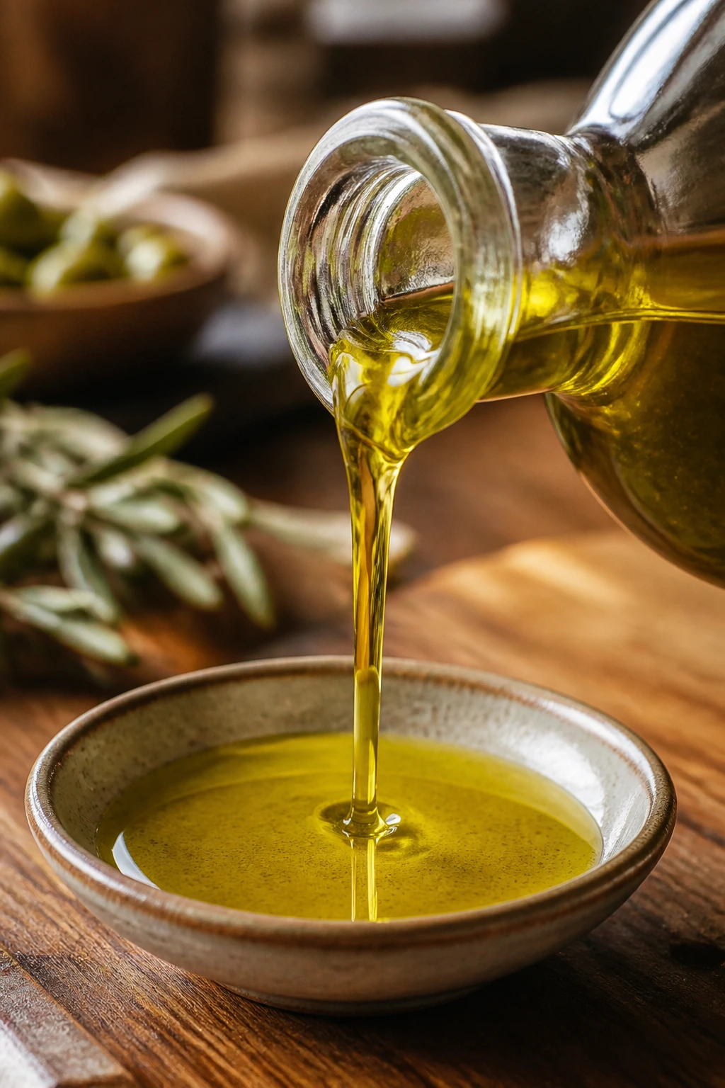 Pouring olive oil into a dish in a warm kitchen