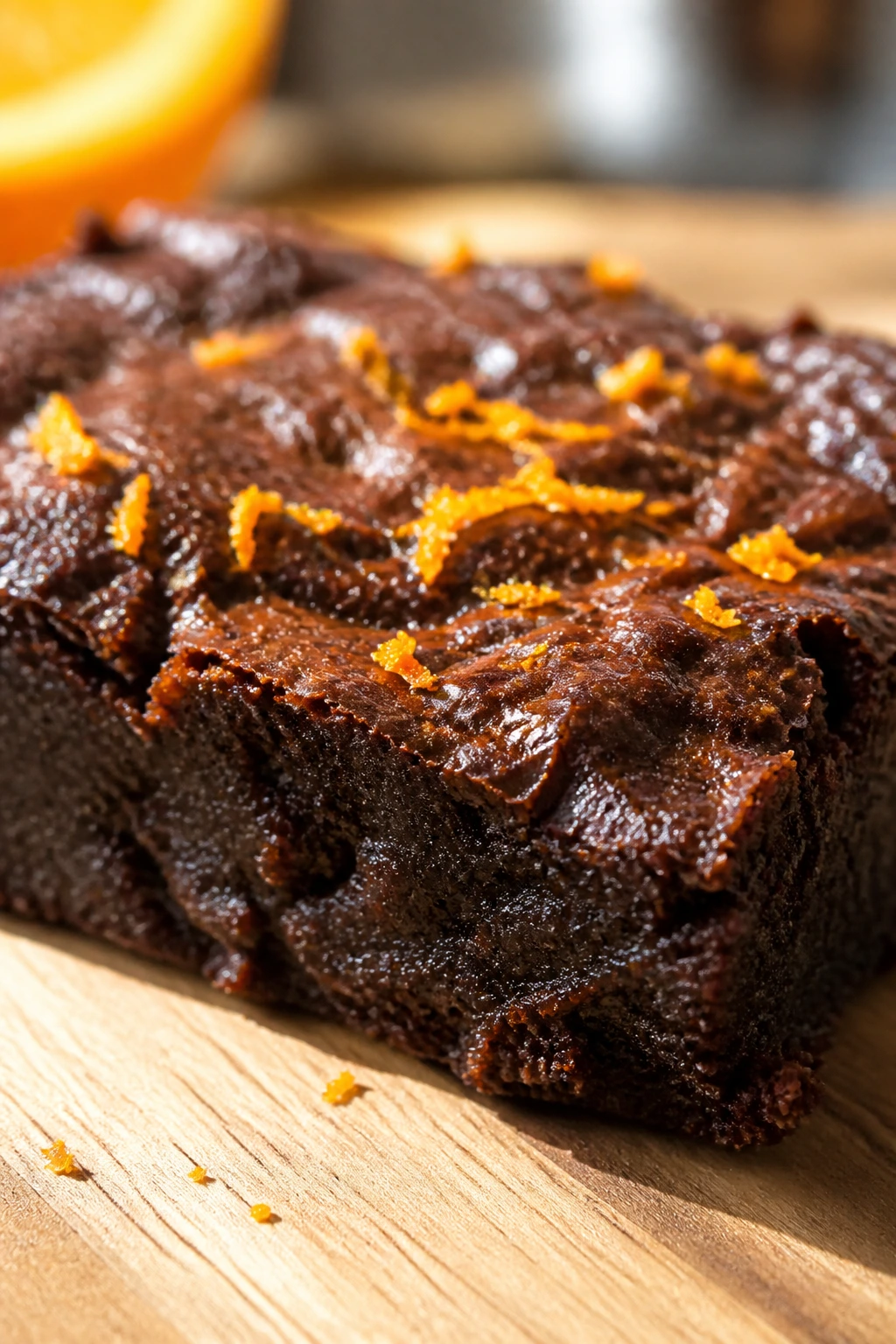 Close-up of Olive Oil and Orange Brownies with orange zest