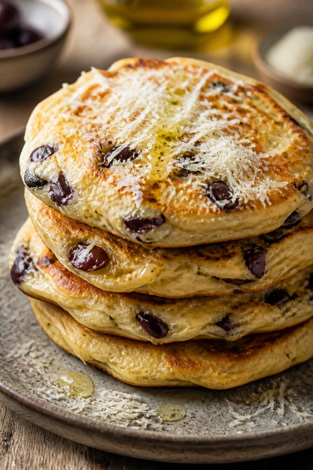 Pancake stack with olives and Parmesan topping