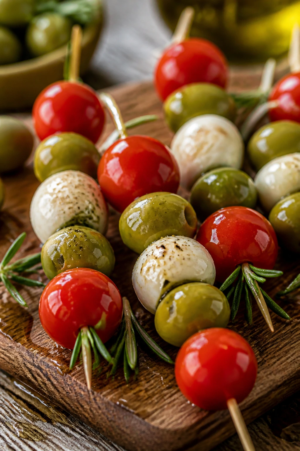 Close-up of olive-rosemary caprese skewers on wooden board with olives and rosemary.